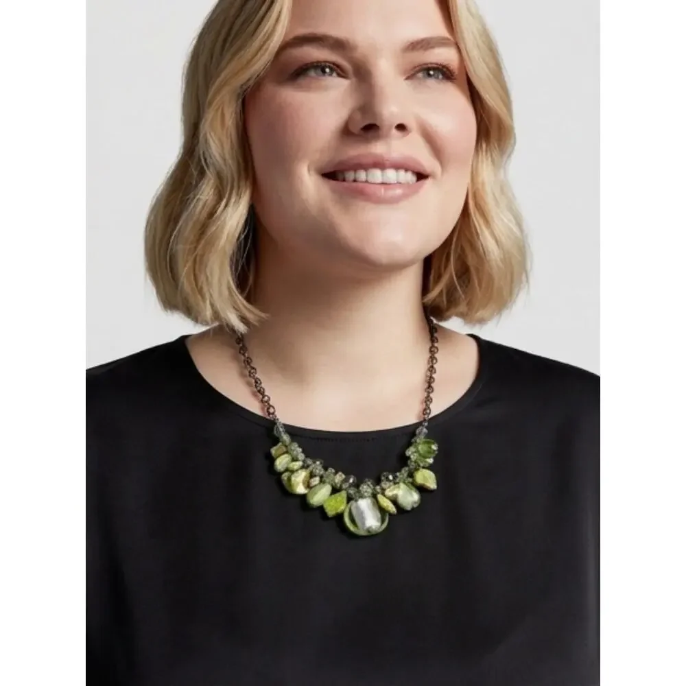 Green Mother of Pearl Glass Statement Necklace Gunmetal Adjustable 19-22”